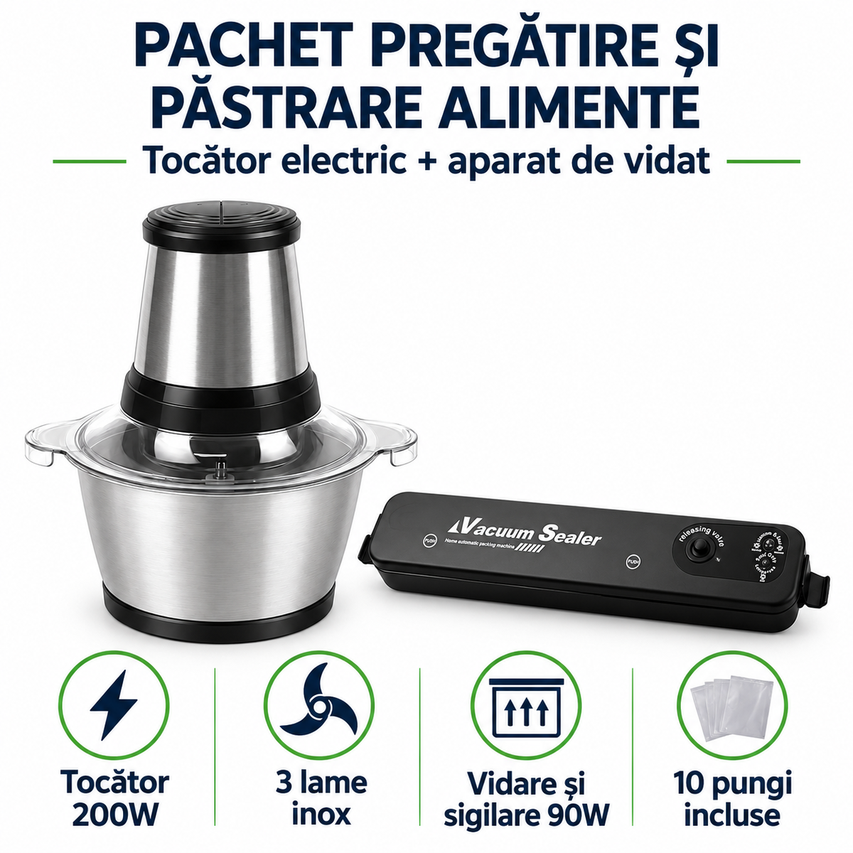 Pachet Pregătire și Păstrare Alimente – Tocător Electric 200W, 3 Lame Inox + Aparat de Vidat și Sigilat 90W, 10 Pungi Incluse