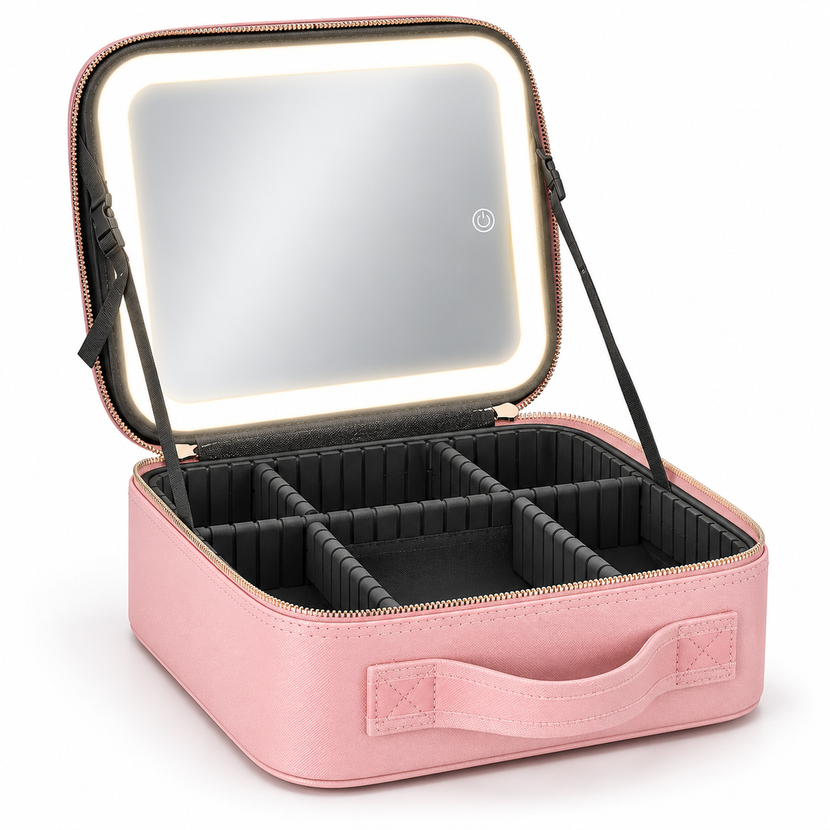 Geantă organizatoare pentru cosmetice, oglindă LED cu control tactil, compartimente ajustabile, USB, 26 × 23 × 12 cm, roz