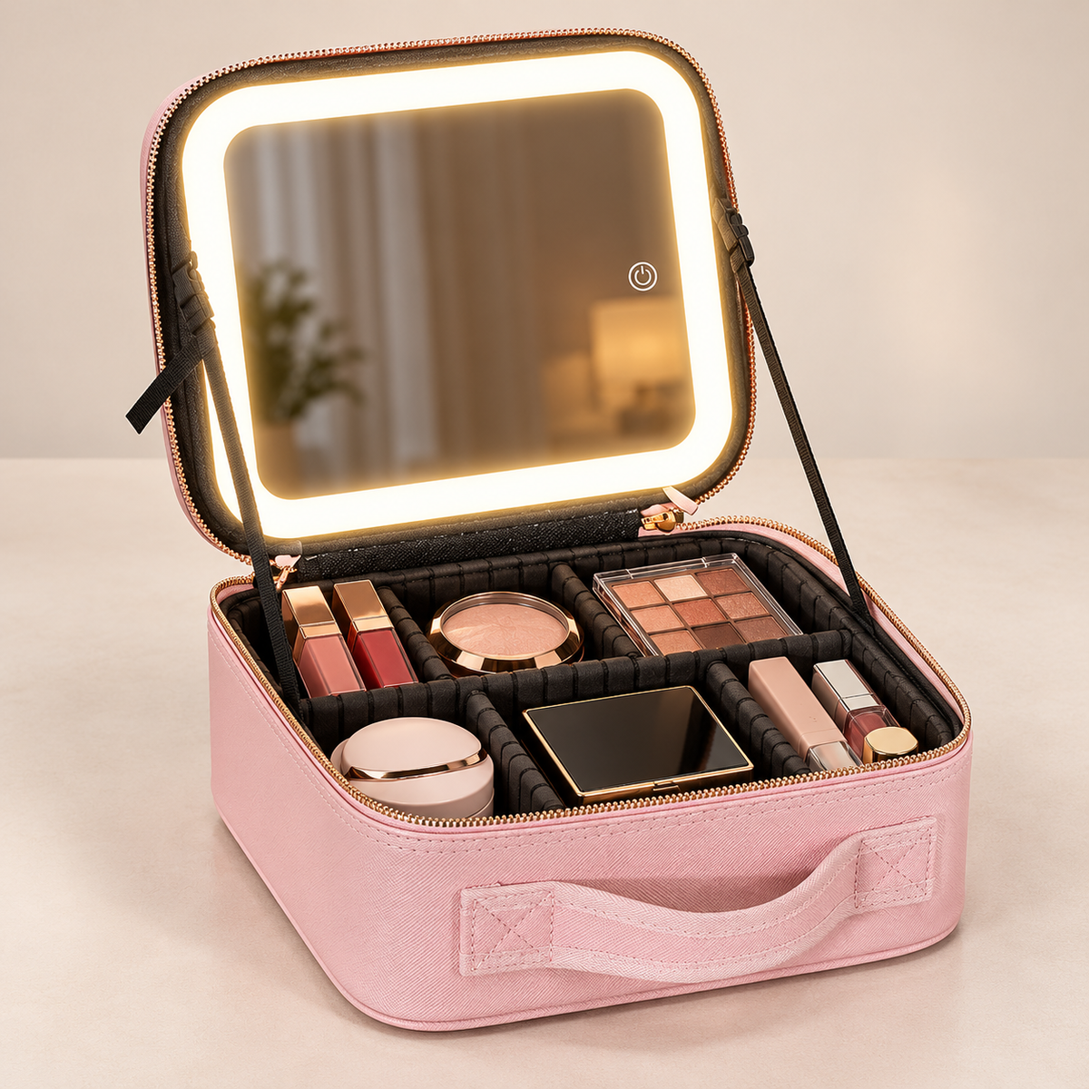 Geantă organizatoare pentru cosmetice, oglindă LED cu control tactil, compartimente ajustabile, USB, 26 × 23 × 12 cm, roz