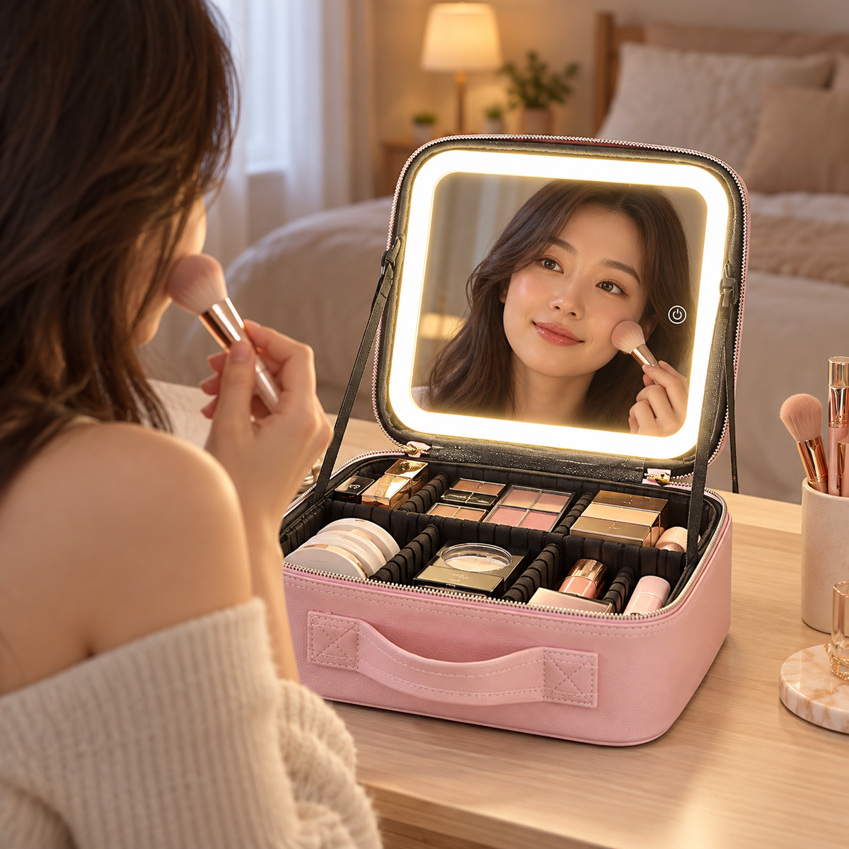 Geantă organizatoare pentru cosmetice, oglindă LED cu control tactil, compartimente ajustabile, USB, 26 × 23 × 12 cm, roz