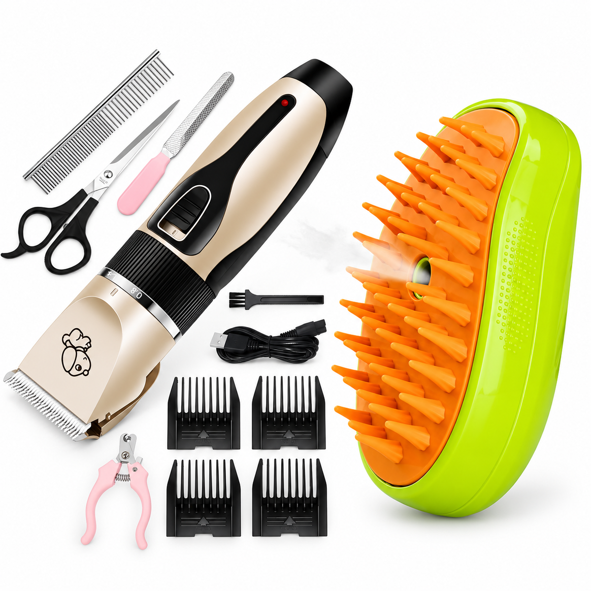 Pachet Blană Îngrijită Acasă – Mașină de Tuns Animale Fără Fir cu  Accesorii + Perie 3 în 1 cu Pulverizare