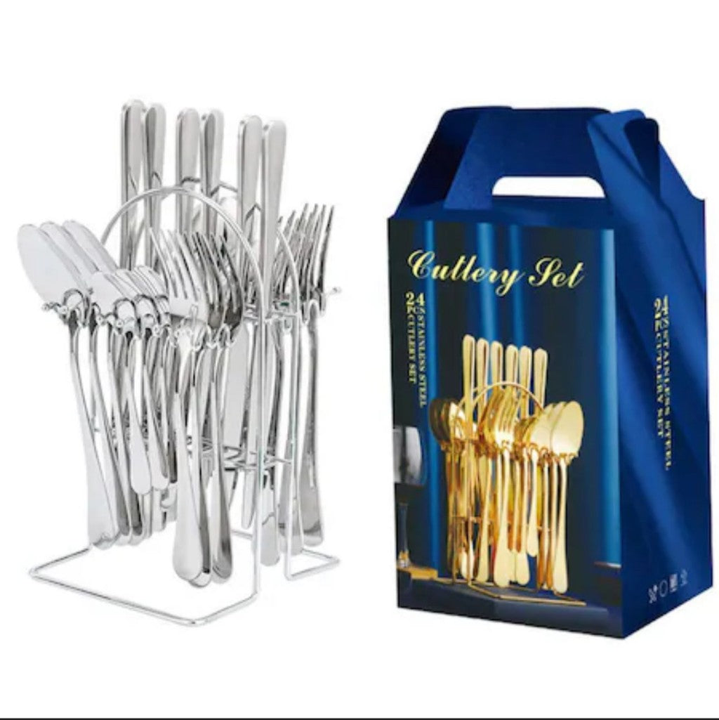 Set elegant de tacâmuri din oțel inoxidabil – 24 piese, finisaj auriu-alb, ambalaj premium