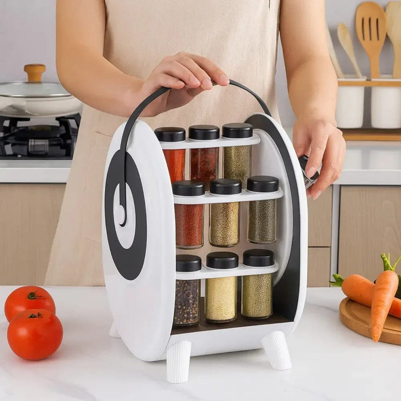 Suport rotativ pentru condimente cu 18 borcane – organizare inteligentă și design modern