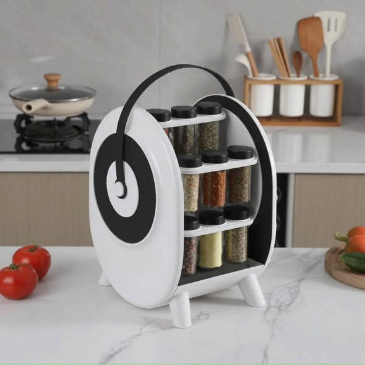 Suport rotativ pentru condimente cu 18 borcane – organizare inteligentă și design modern