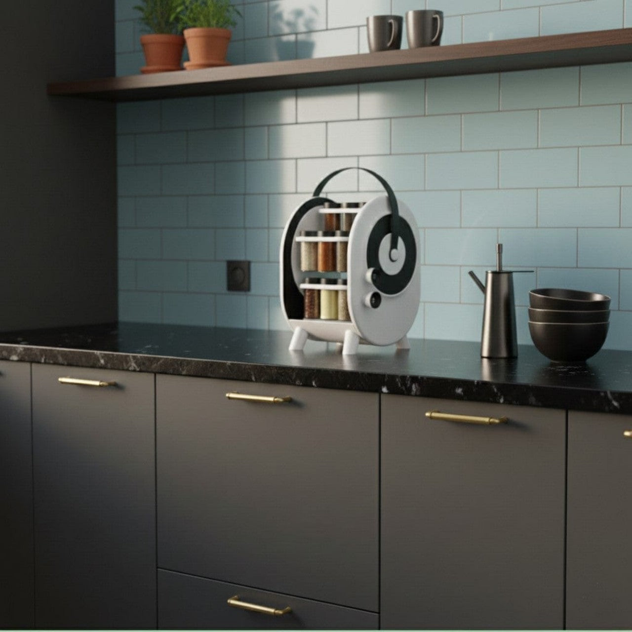 Suport rotativ pentru condimente cu 18 borcane – organizare inteligentă și design modern