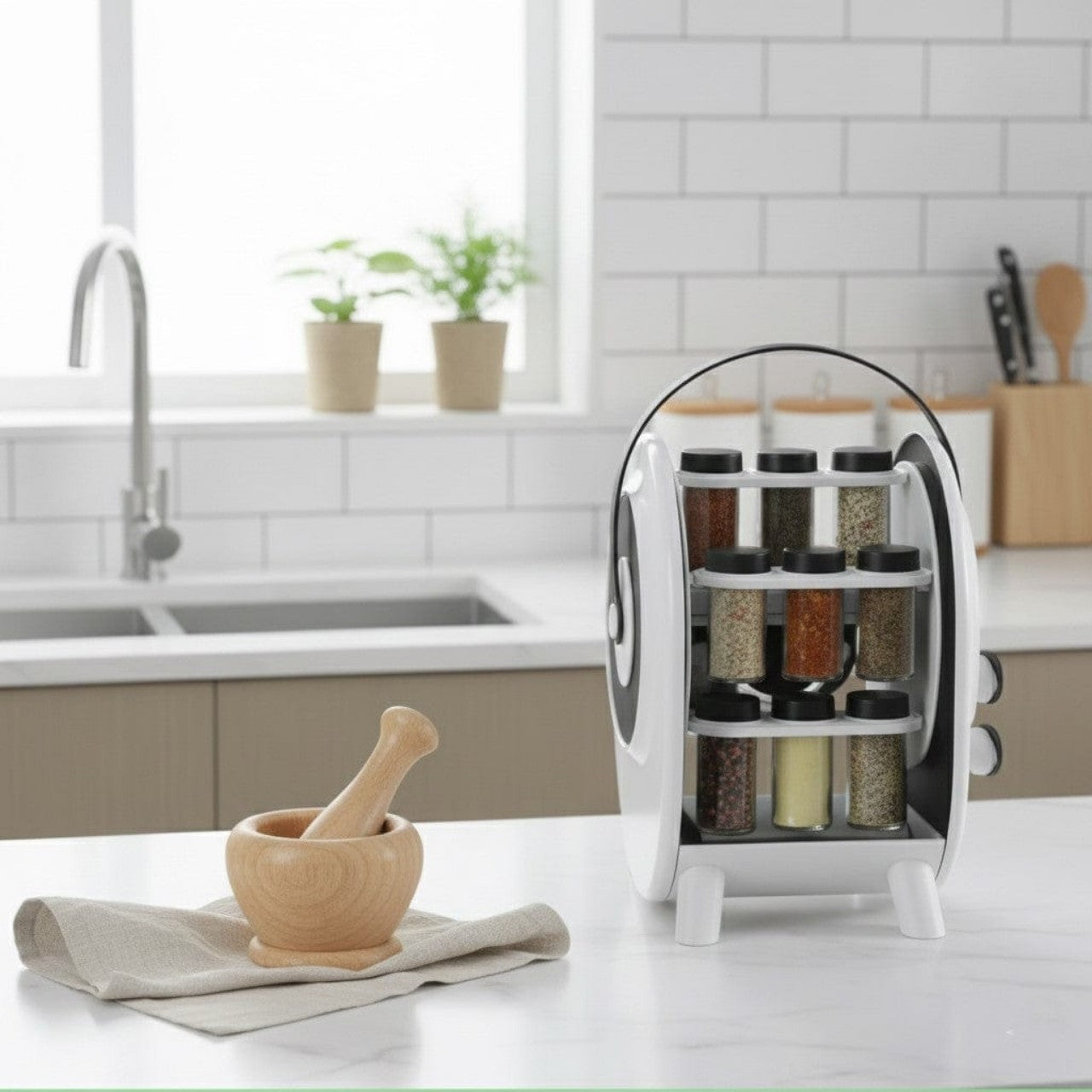 Suport rotativ pentru condimente cu 18 borcane – organizare inteligentă și design modern