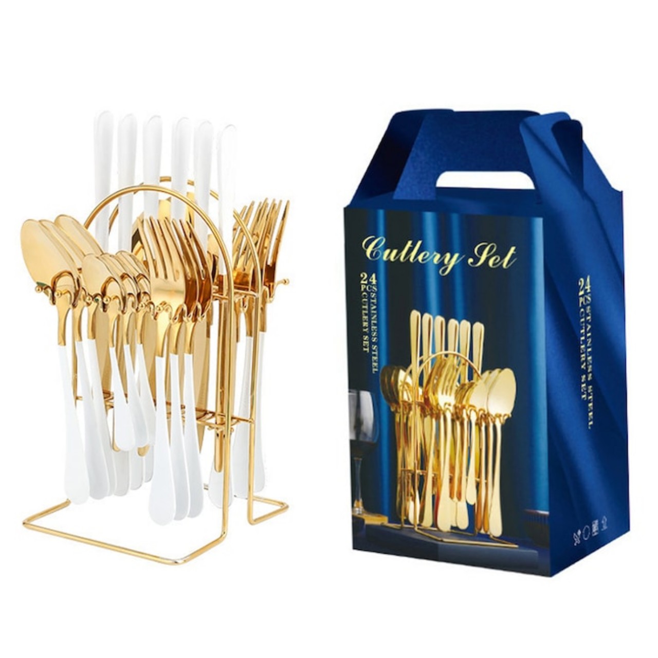 Set de tacâmuri premium din oțel inoxidabil – 24 piese, design elegant auriu-alb