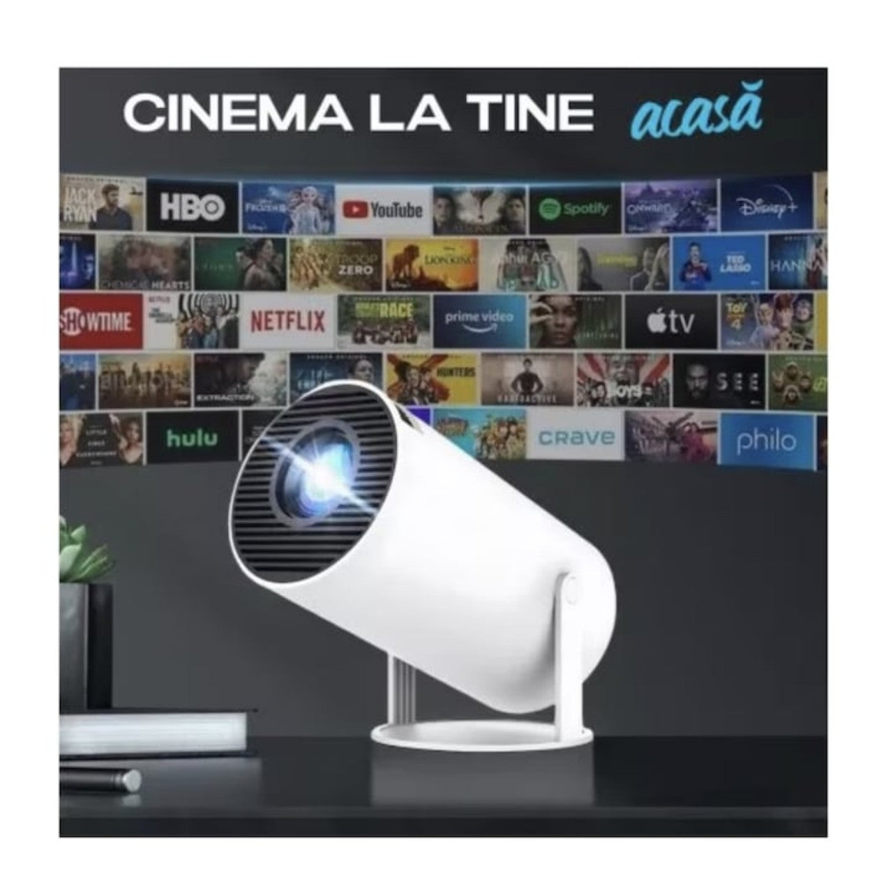 Videoproiector portabil Smart 4K cu Android TV, Wi‑Fi 6 și Bluetooth 5.0 – cinema acasă, oriunde și rapid