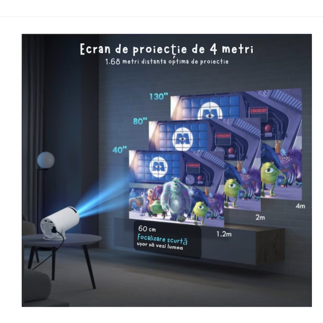 Videoproiector portabil Smart 4K cu Android TV, Wi‑Fi 6 și Bluetooth 5.0 – cinema acasă, oriunde și rapid