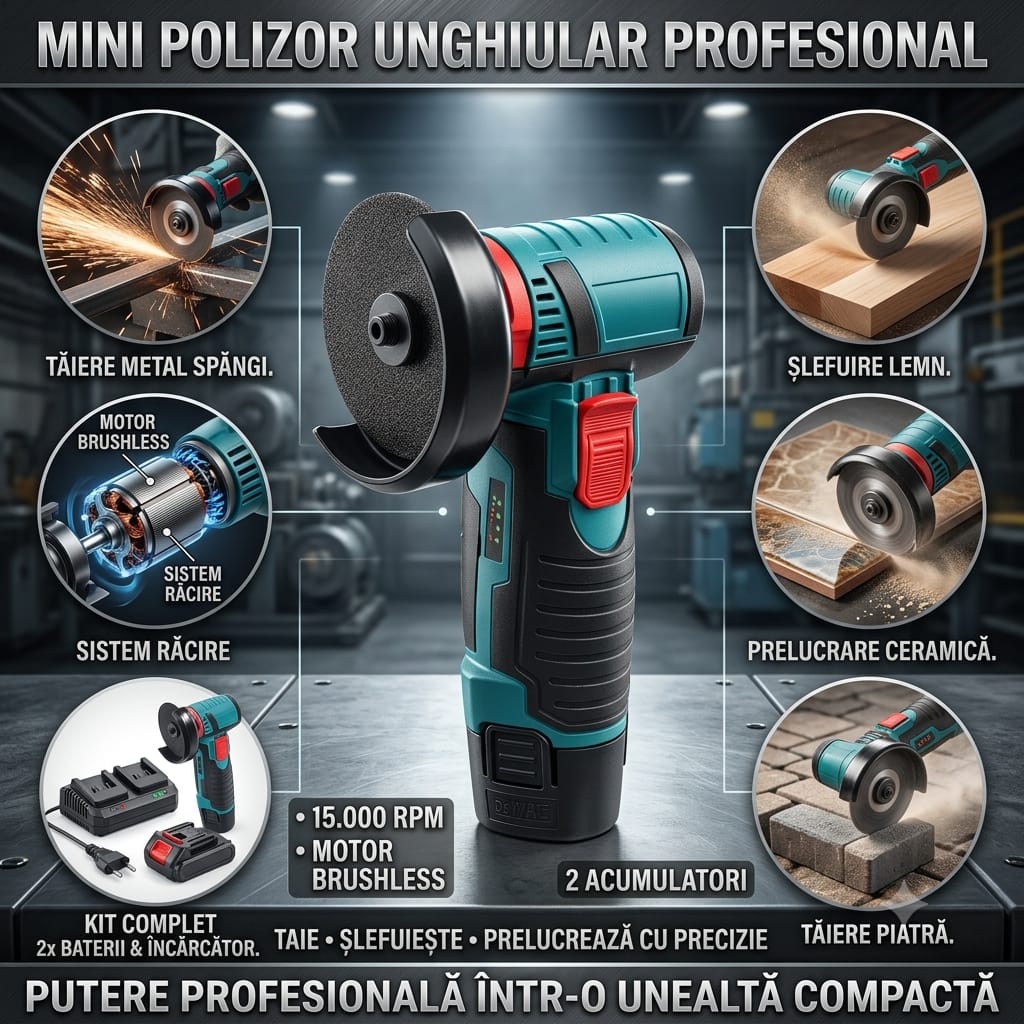 Mini polizor unghiular portabil 12V, disc 76 mm, verde/negru – flex electric compact