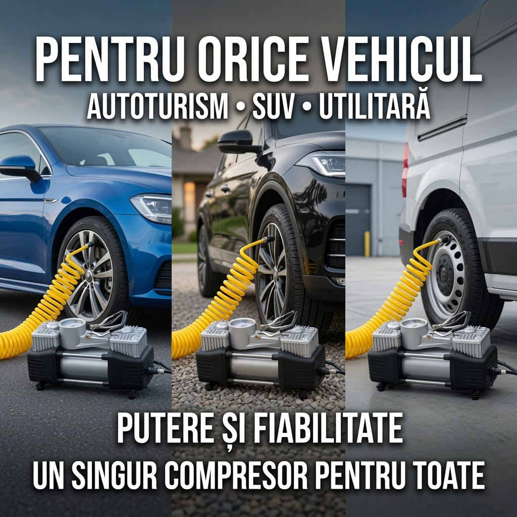 Kit reparatie pana auto + Compresor 12V 2 cilindri, 150 PSI, 7 accesorii, valiza transport