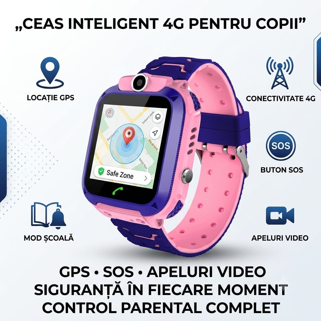 Ceas Smartwatch pentru Copii Q12, Roz, GPS, Wi-Fi, Funcție Telefon, SOS, Touchscreen