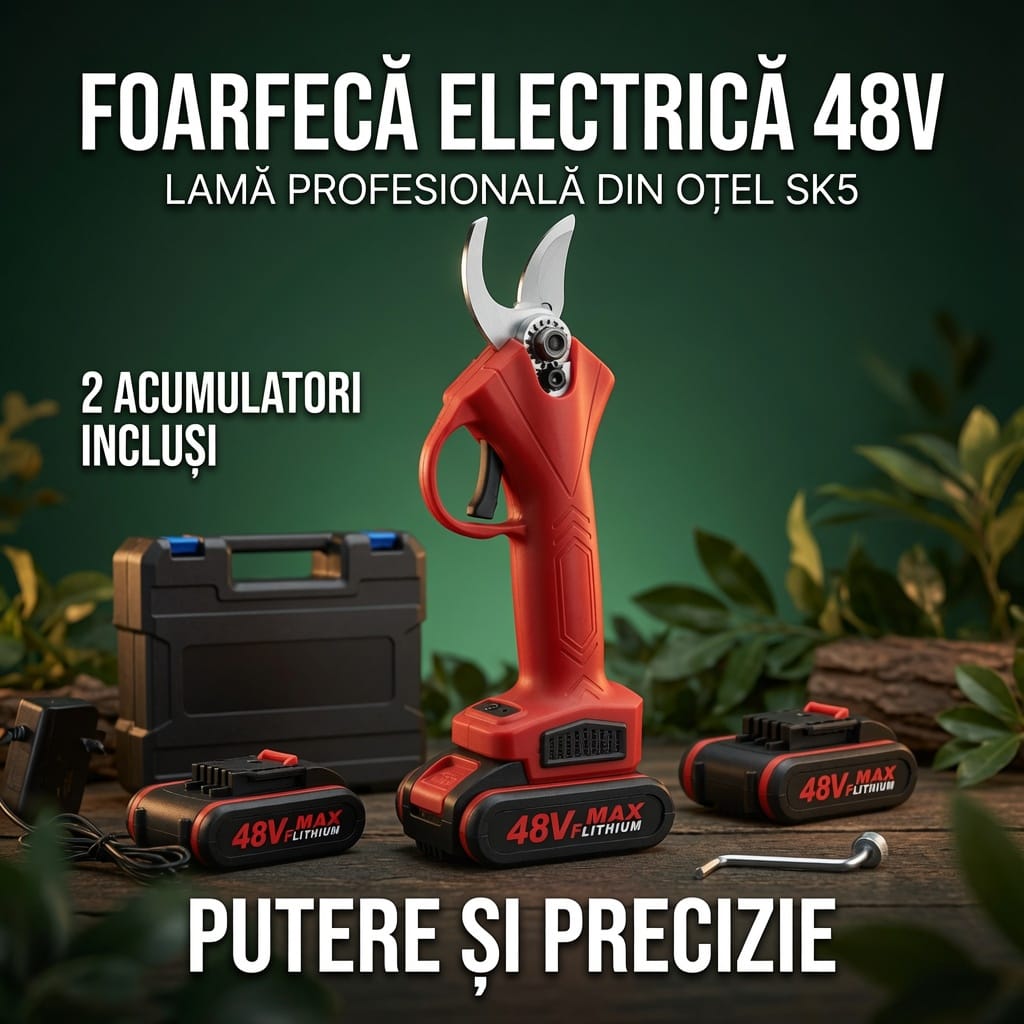 Foarfeca electrica portabila pentru Gradinarit, 2 Acumulatori de 48Vf, Lama din otel Carbon