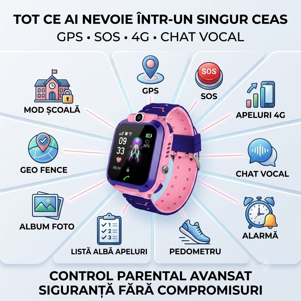 Ceas Smartwatch pentru Copii Q12, Roz, GPS, Wi-Fi, Funcție Telefon, SOS, Touchscreen