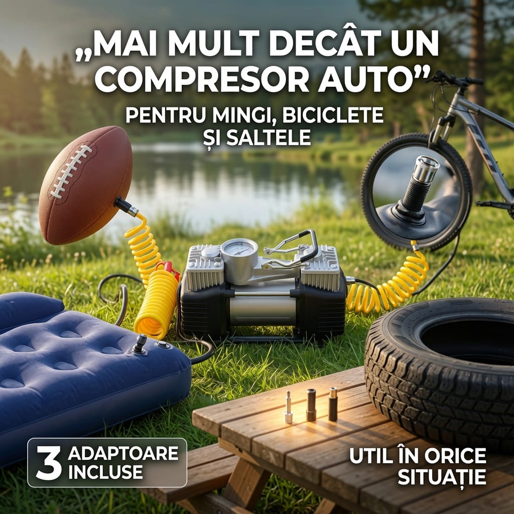 Kit reparatie pana auto + Compresor 12V 2 cilindri, 150 PSI, 7 accesorii, valiza transport