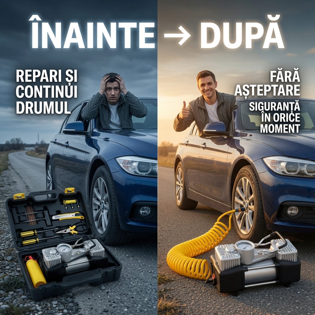 Kit reparatie pana auto + Compresor 12V 2 cilindri, 150 PSI, 7 accesorii, valiza transport