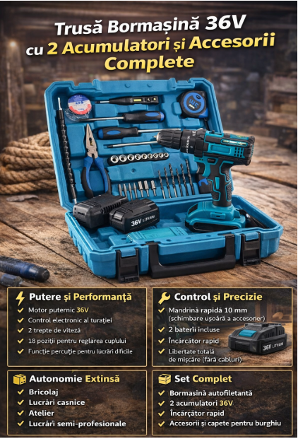 Trusă Bormașină 36V cu Percuție, 2 Acumulatori, Încărcător și Accesorii Incluse, Albastră