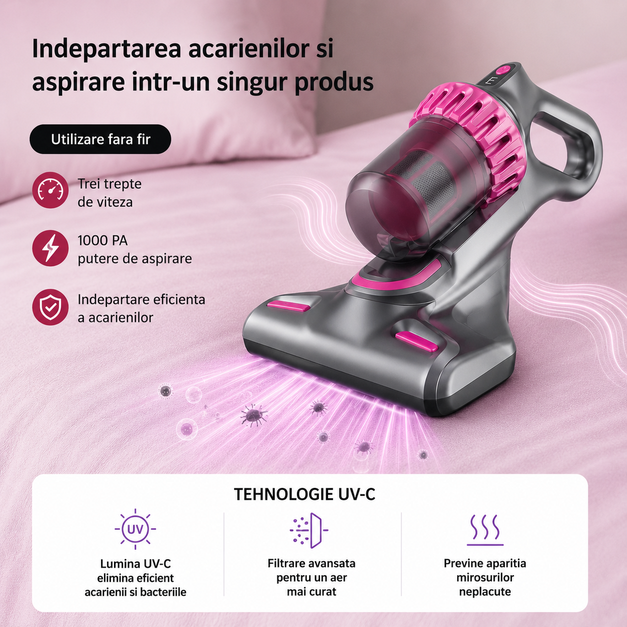 Aspirator Vertical, fără Fir,  fara sac 21,6V – Rezervor 0,54L, Ușor și Puternic