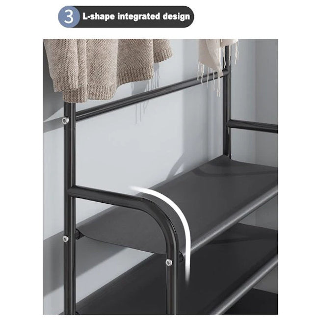 Cuier pentru haine, 5 rafturi, suport pantofi, 8 carlige, negru