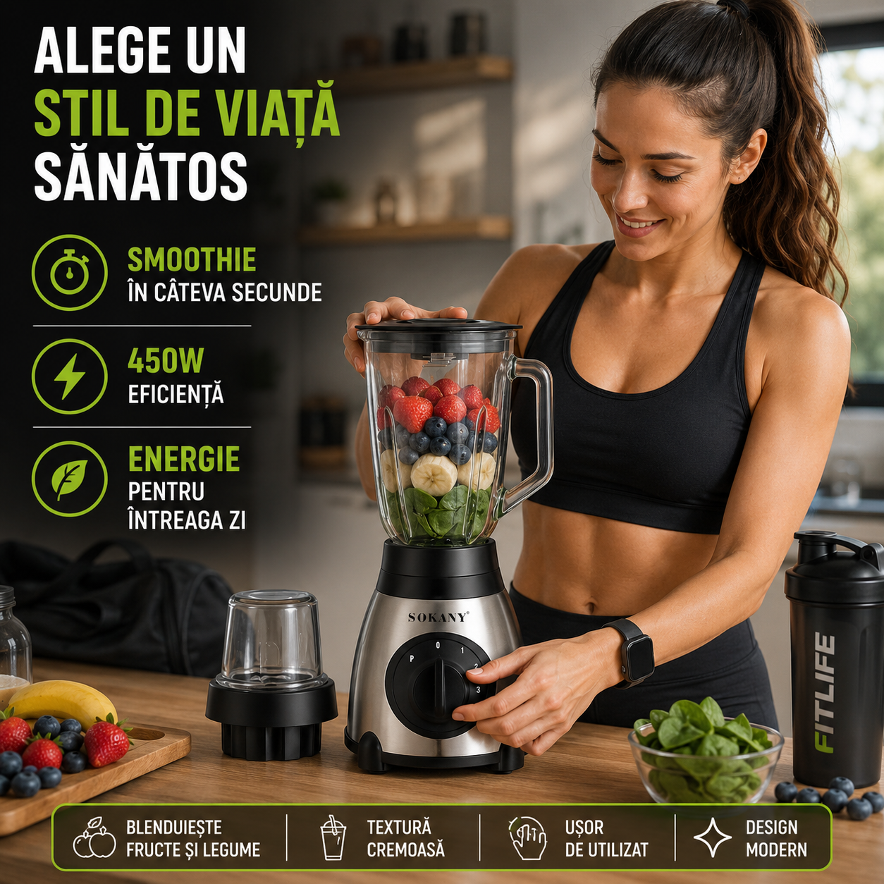 Blender cu rasnita HAUSBERG HB-7770AB,500W,4 trepte de viteza,1,5Litri