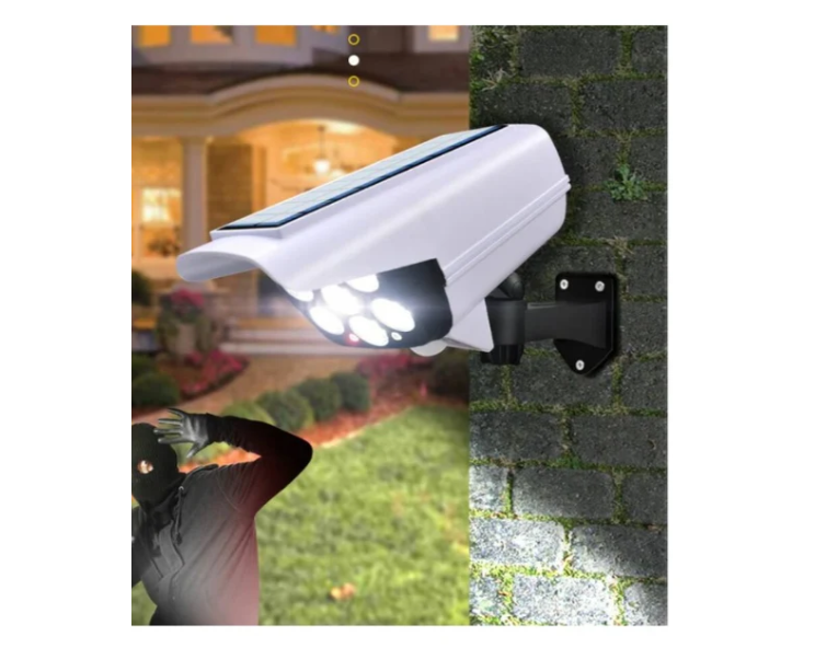 Lampă Solară Exterior cu Senzor de Mișcare, Telecomandă și 77 LED-uri – Model Cameră Supraveghere, IP65