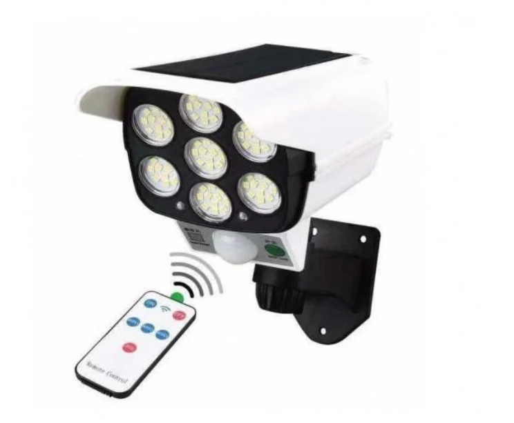 Lampă Solară Exterior cu Senzor de Mișcare, Telecomandă și 77 LED-uri – Model Cameră Supraveghere, IP65
