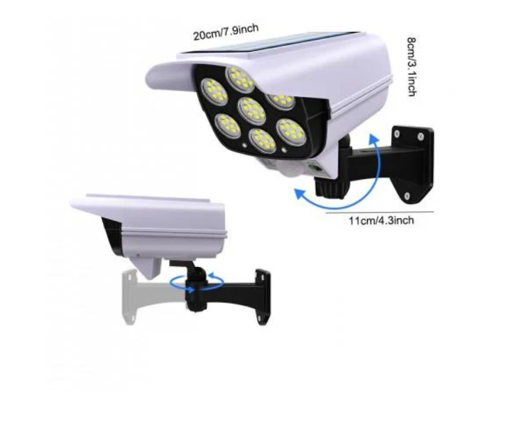 Lampă Solară Exterior cu Senzor de Mișcare, Telecomandă și 77 LED-uri – Model Cameră Supraveghere, IP65