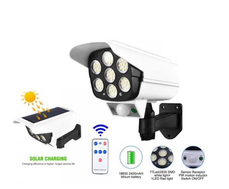 Lampă Solară Exterior cu Senzor de Mișcare, Telecomandă și 77 LED-uri – Model Cameră Supraveghere, IP65