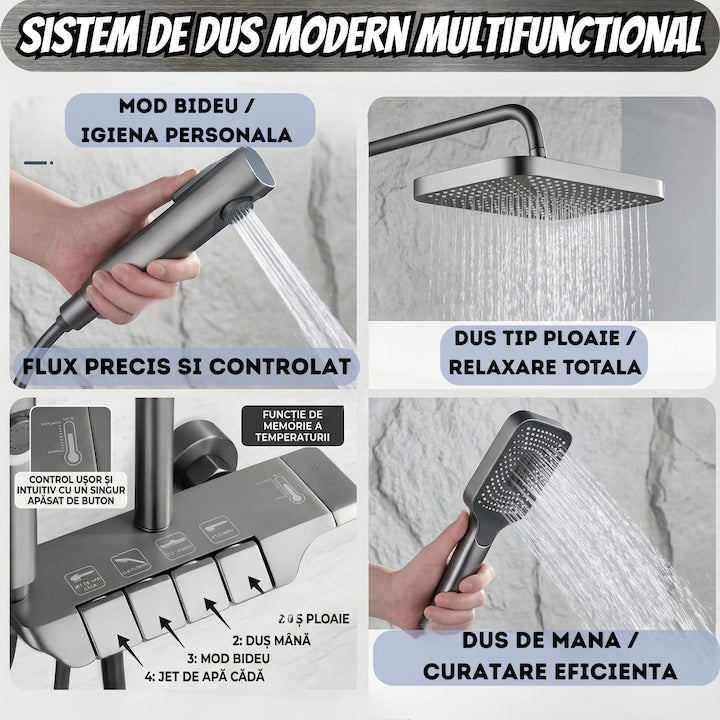 Sistem Dus Premium cu Termostat Integrat - Cap Ploaie, 3 Moduri Pulverizare, Otel Inoxidabil