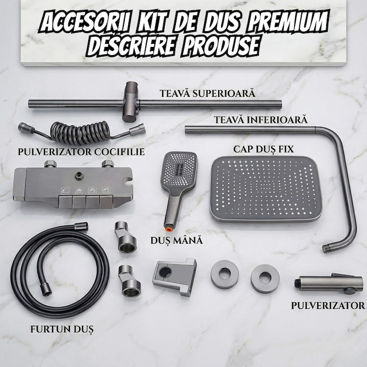 Sistem Dus Premium cu Termostat Integrat - Cap Ploaie, 3 Moduri Pulverizare, Otel Inoxidabil