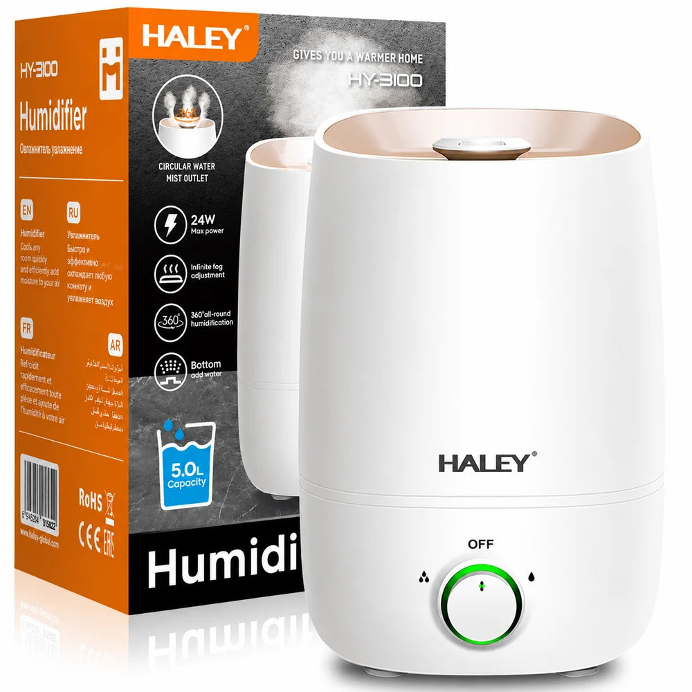Umidificator de Aer HALEY HY-3100, 5L, 1000W, Umidificare 360°, Reglare Continuă a Ceții, Alb