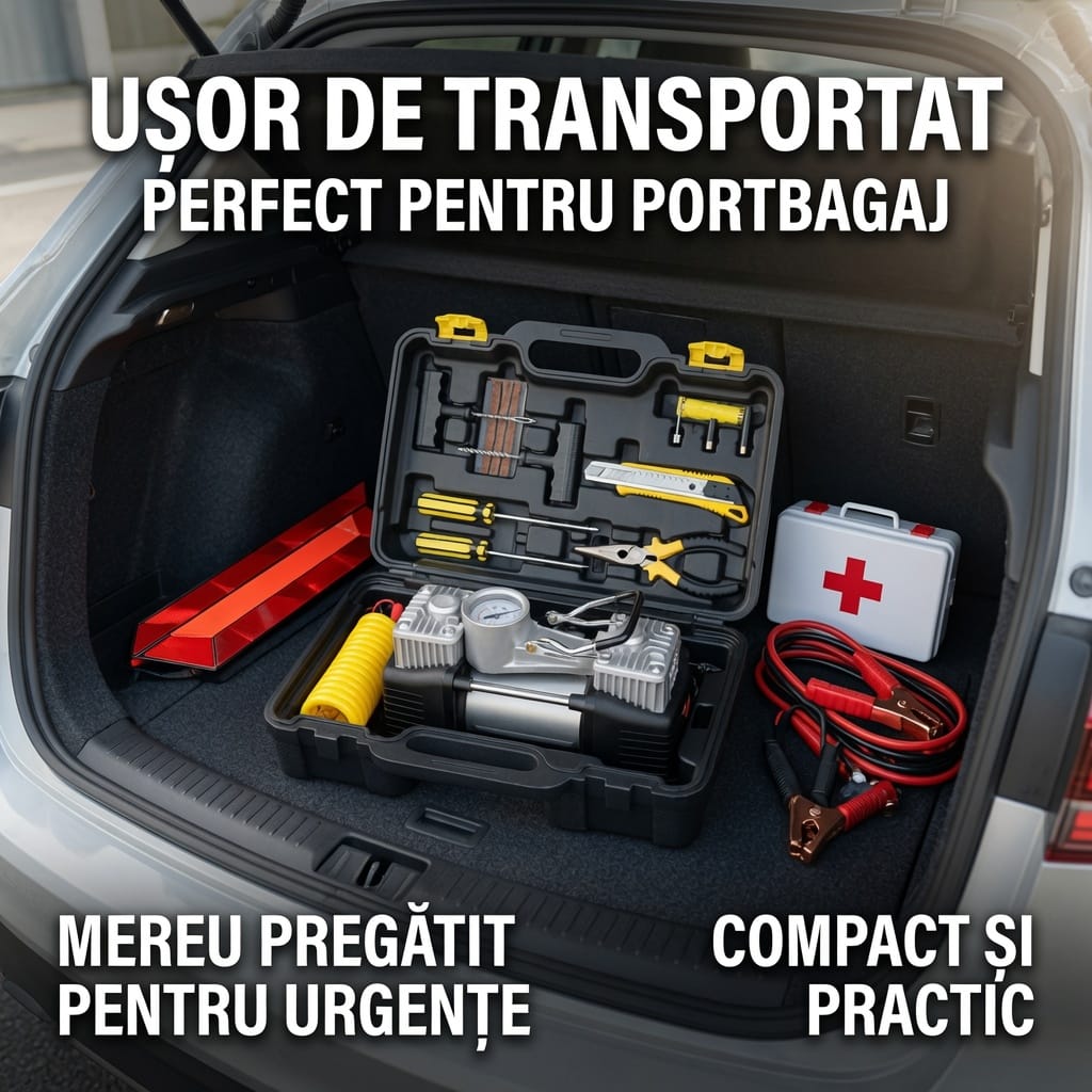 Kit reparatie pana auto + Compresor 12V 2 cilindri, 150 PSI, 7 accesorii, valiza transport