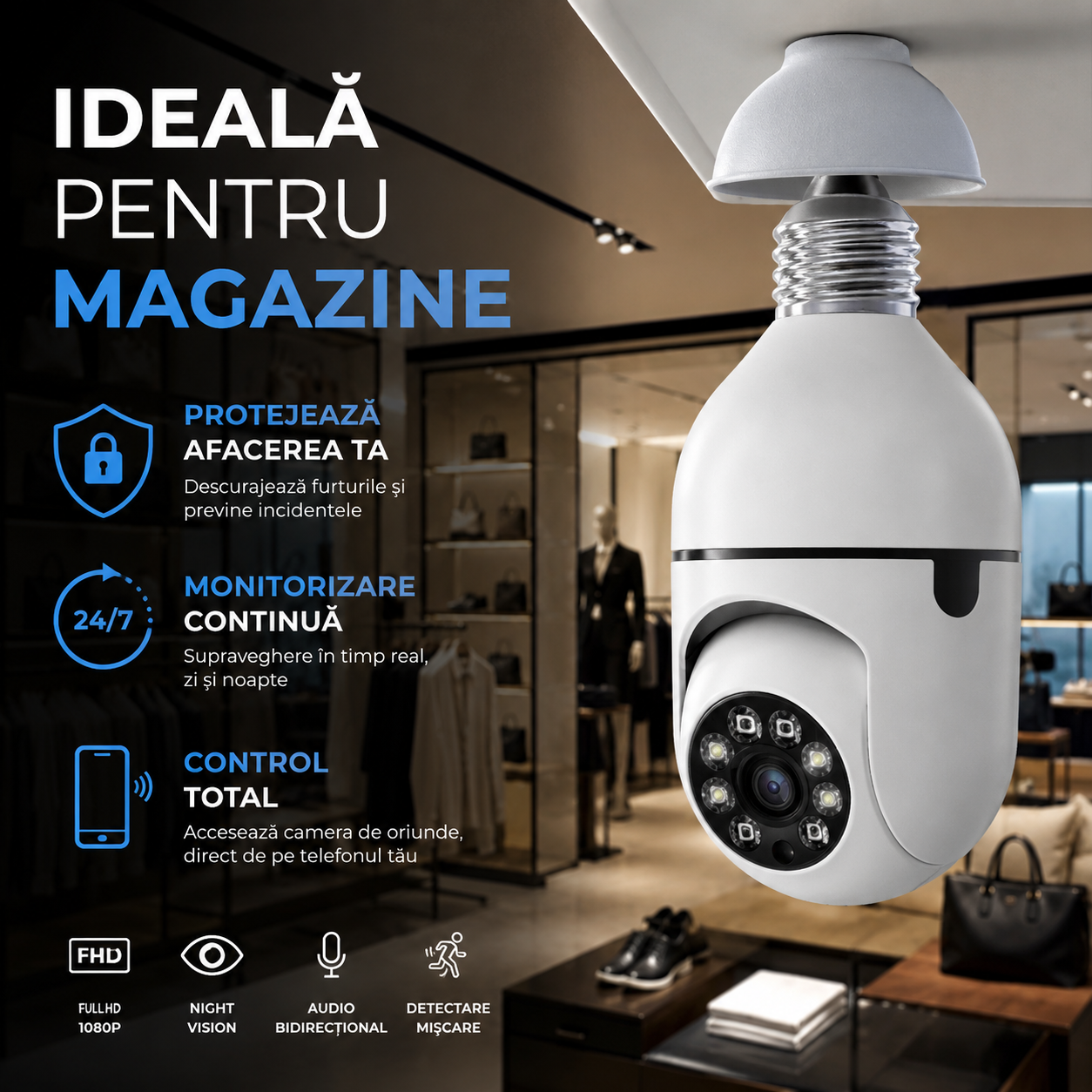 Camera WiFi Tip Bec E27 cu Rotire 355° si Detectare PIR
