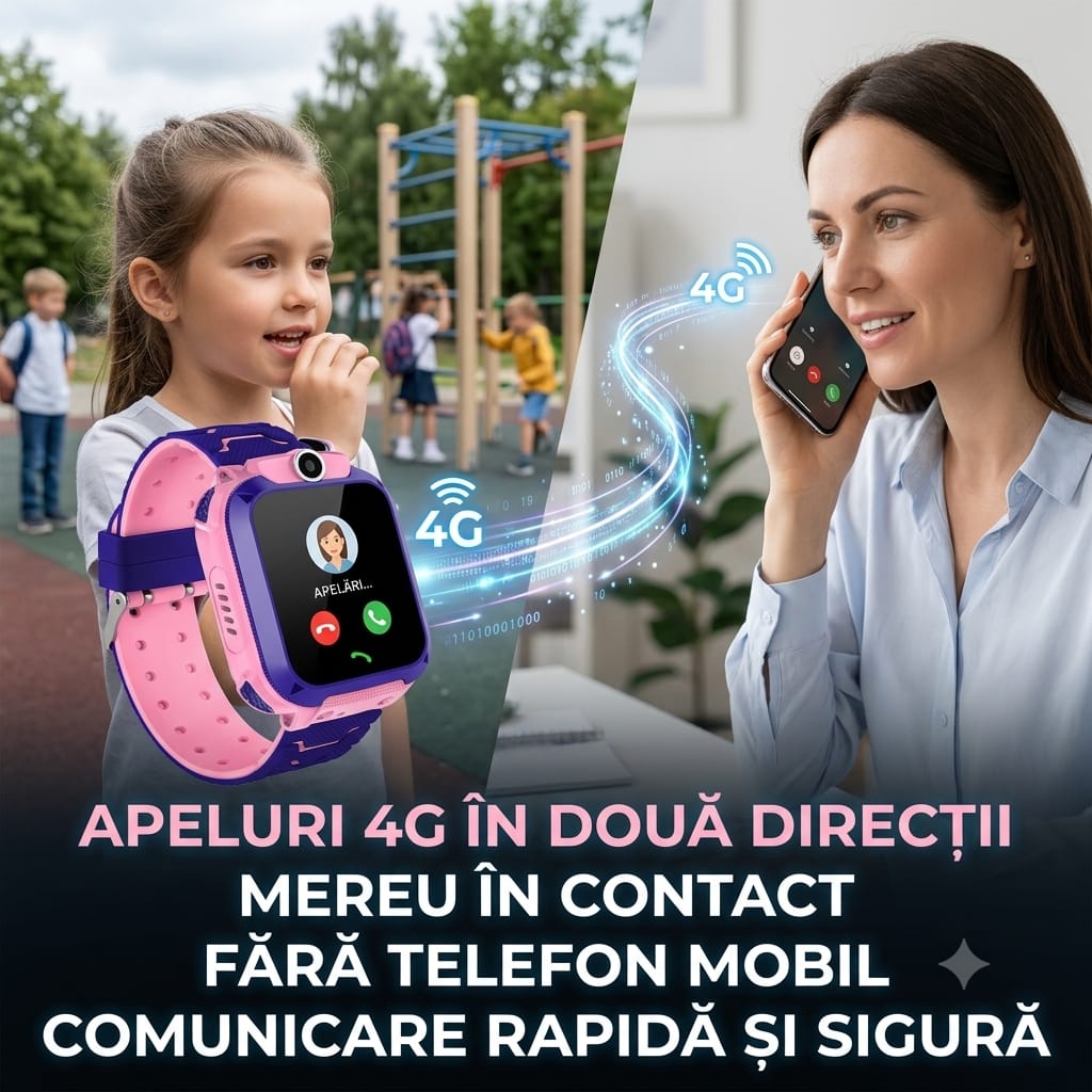 Ceas Smartwatch pentru Copii Q12, Roz, GPS, Wi-Fi, Funcție Telefon, SOS, Touchscreen