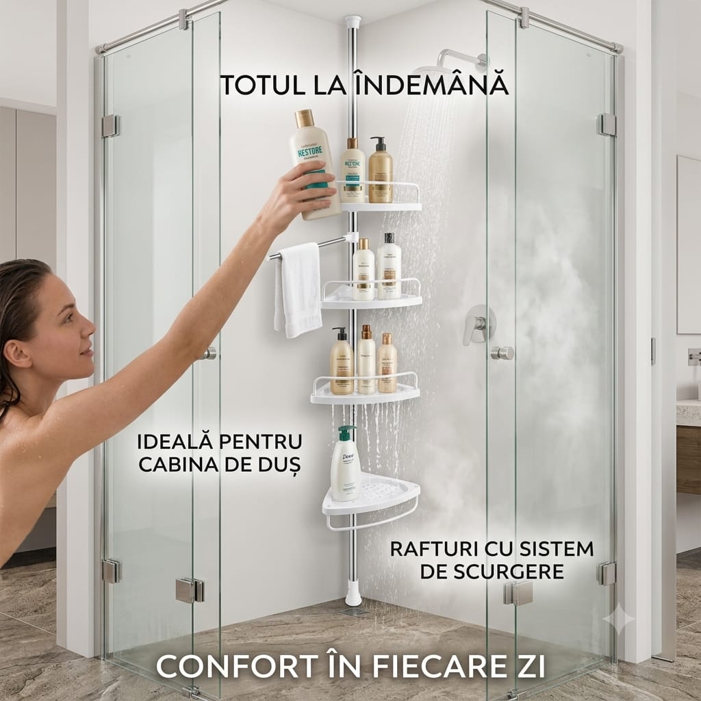Etajera colt pentru baie si dus, 4 rafturi, inaltime reglabila