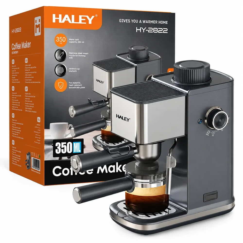 Espressor de Cafea HALEY HY-2822, 1500W, 5 Bar, Rezervor 350 ml, Sistem Spumare Lapte, Filtru Inox, Carafă din Sticlă