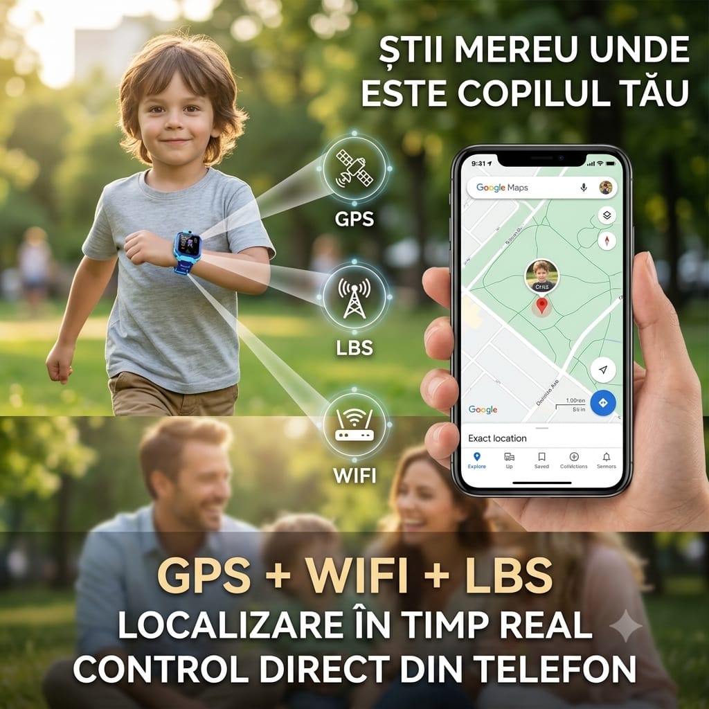 Ceas Inteligent pentru Copii cu GPS, LBS, SIM și Buton SOS, Compatibil Android/iOS