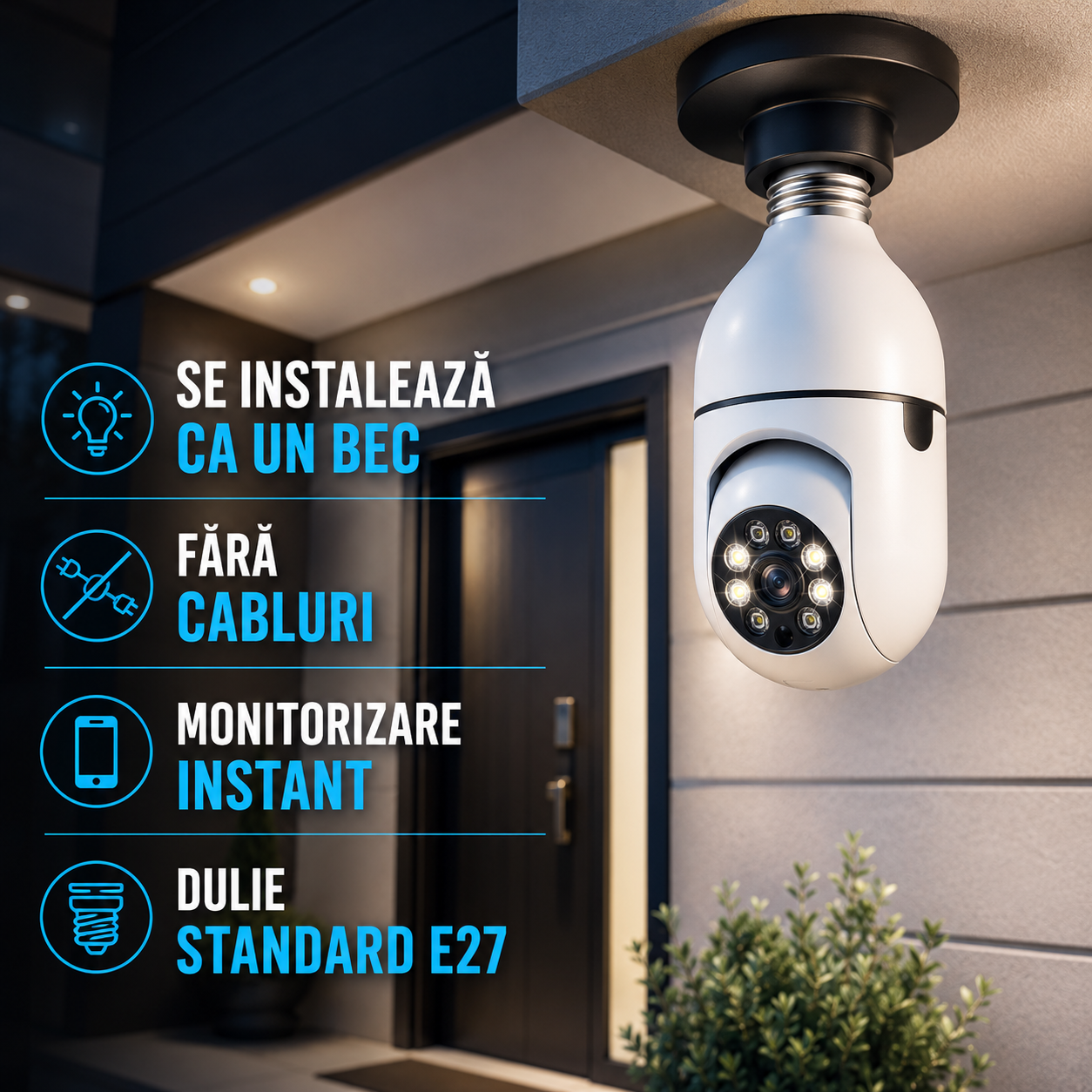 Camera WiFi Tip Bec E27 cu Rotire 355° si Detectare PIR