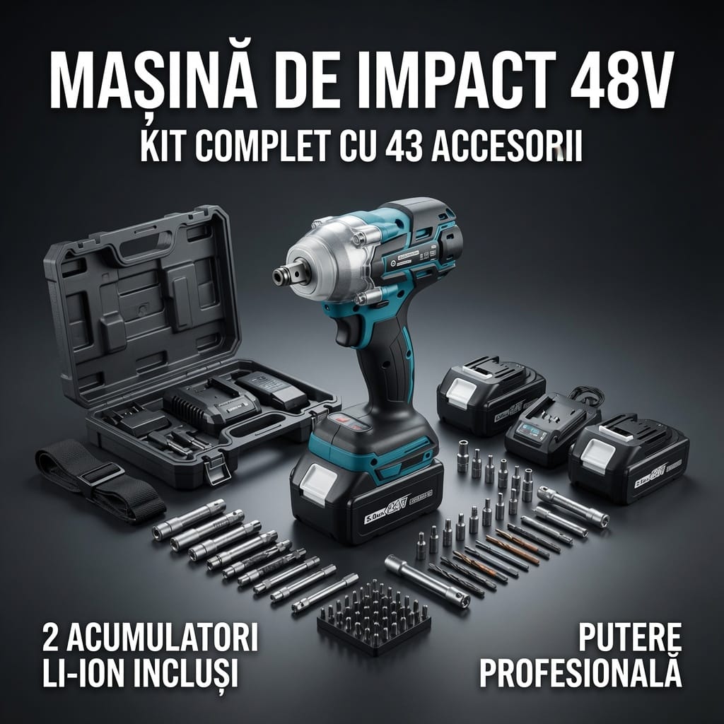 Masina de impact si insurubat 48V cu 2 acumulatori si 43 accesorii