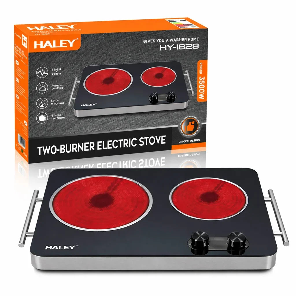 Plită Electrică Dublă HALEY HY-1828, 6000W, 2 Zone de Gătit, Sticlă Termorezistentă, Control Reglabil, Negru/Inox