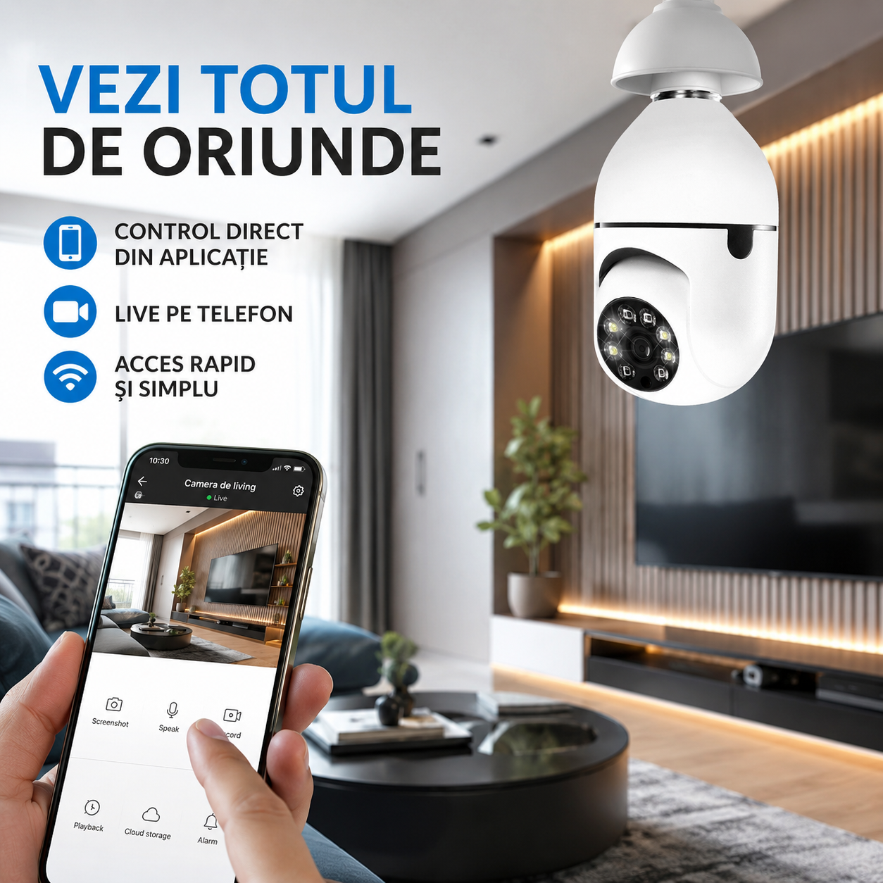 Camera WiFi Tip Bec E27 cu Rotire 355° si Detectare PIR