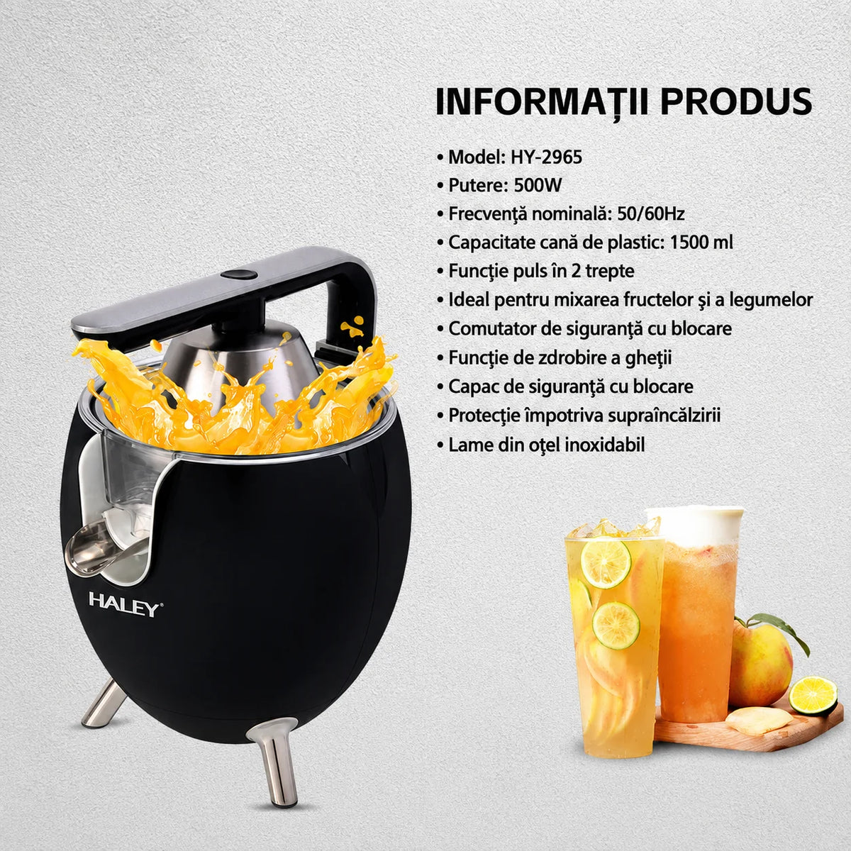 Storcător Electric de Citrice HALEY HY-2965, 500W, 2 Conuri, Sistem de Presare, Inox, Anti-Picurare