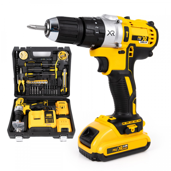 Trusa bormasina 24V, 2 acumulatori, incarcator, 30 accesorii, galben