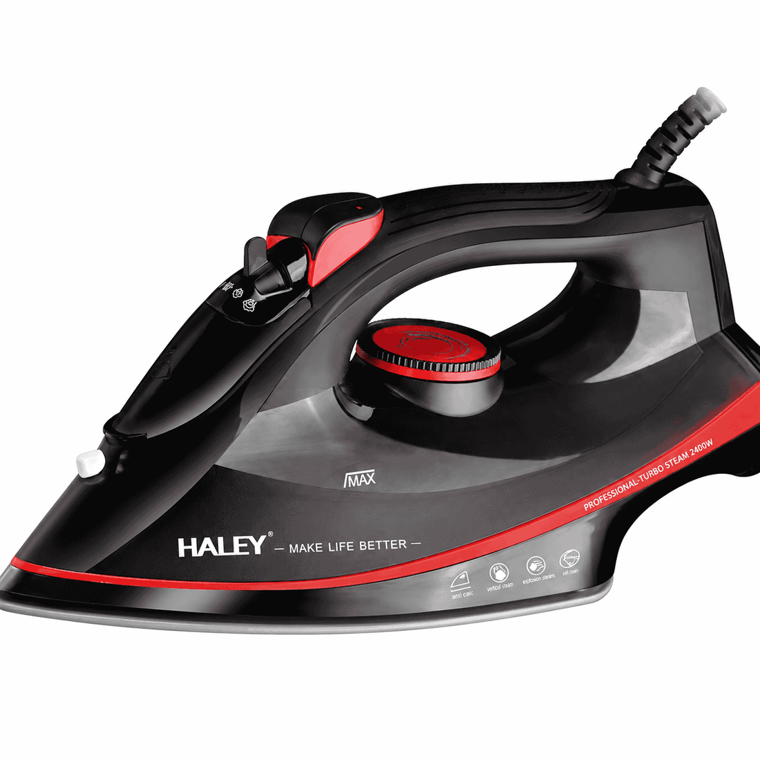 Fier de călcat cu abur HALEY HY-2046, 2400W, rezervor 350 ml, talpă Crystal Ceramic, negru/roșu