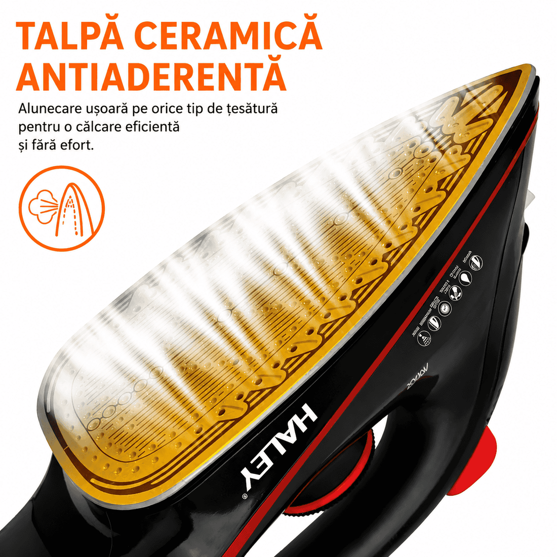 Fier de călcat cu abur HALEY HY-2046, 2400W, rezervor 350 ml, talpă Crystal Ceramic, negru/roșu