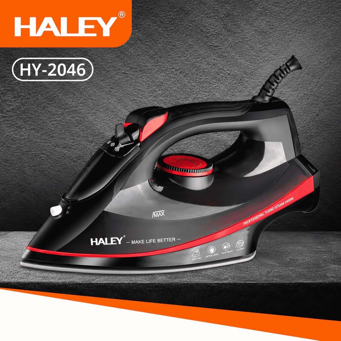 Fier de călcat cu abur HALEY HY-2046, 2400W, rezervor 350 ml, talpă Crystal Ceramic, negru/roșu