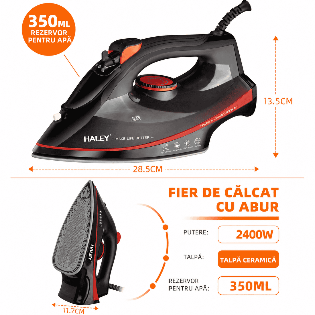 Fier de călcat cu abur HALEY HY-2046, 2400W, rezervor 350 ml, talpă Crystal Ceramic, negru/roșu