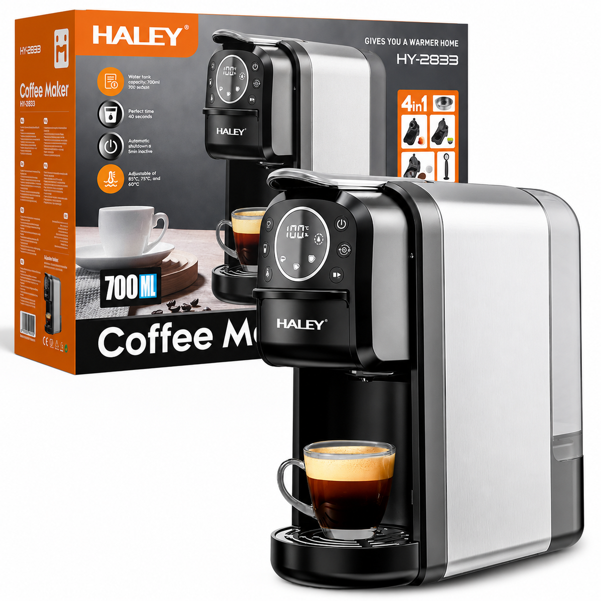 Espressor cu capsule HALEY HY-2833, sistem 4 în 1, 20 bari, 1400W, rezervor 700 ml, control tactil