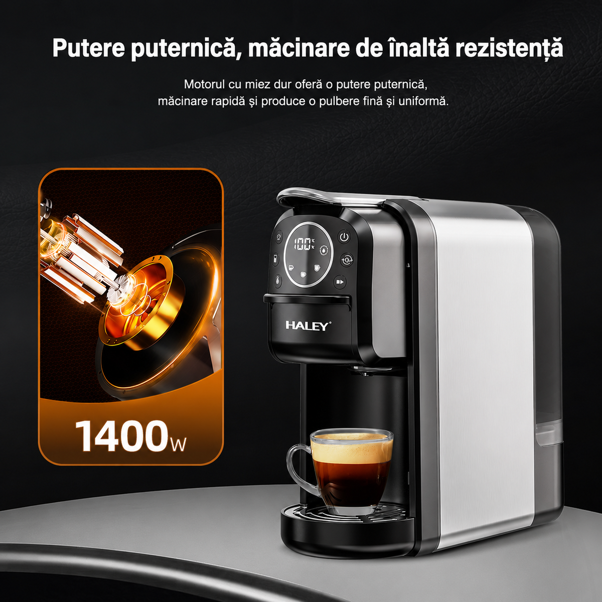 Espressor cu capsule HALEY HY-2833, sistem 4 în 1, 20 bari, 1400W, rezervor 700 ml, control tactil