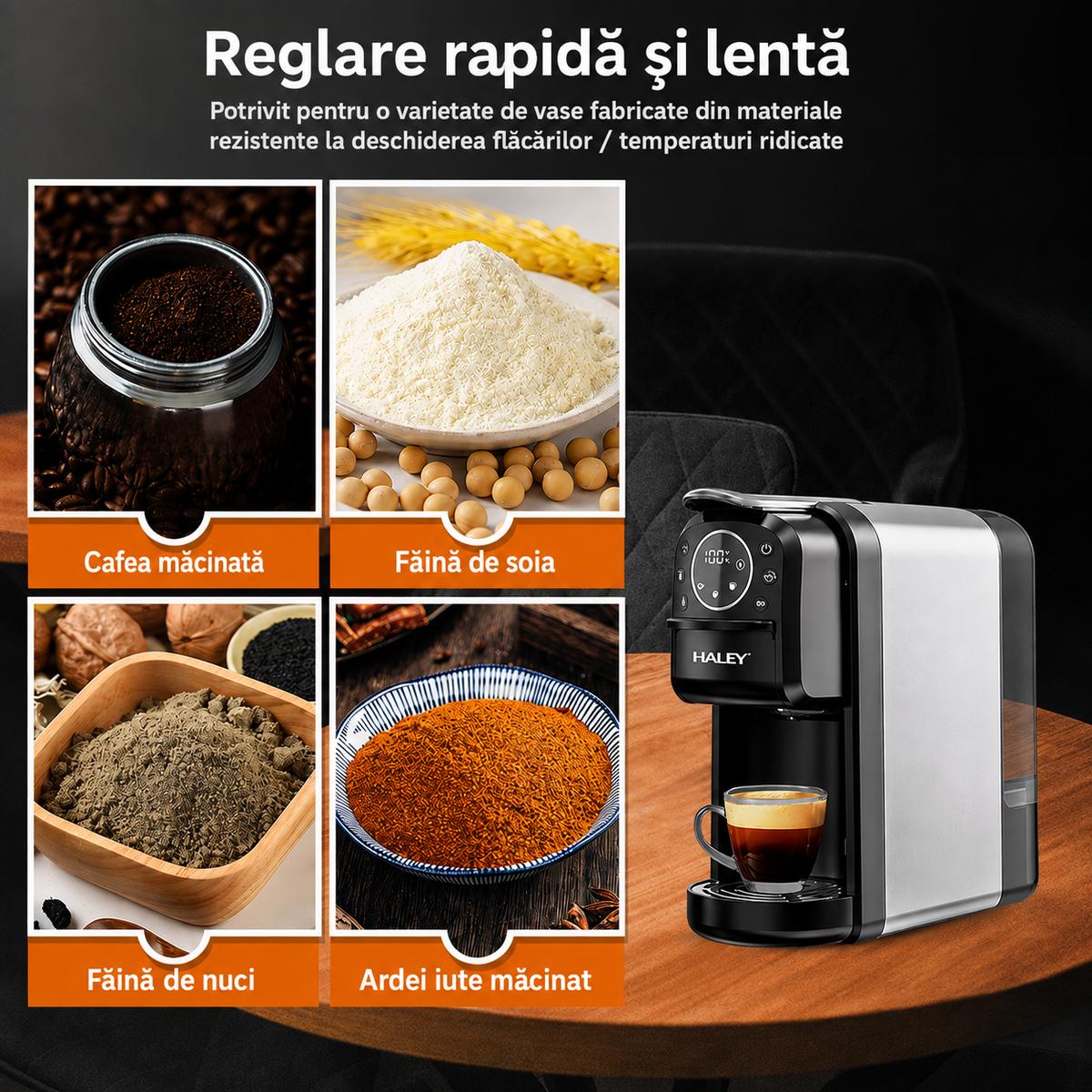 Espressor cu capsule HALEY HY-2833, sistem 4 în 1, 20 bari, 1400W, rezervor 700 ml, control tactil